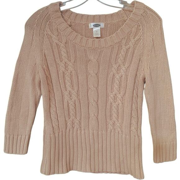 Vintage Old Navy Cable Knit Sweater 100% Cotton 3/4 Sleeves Size Medium Tan - Picture 8 of 15
